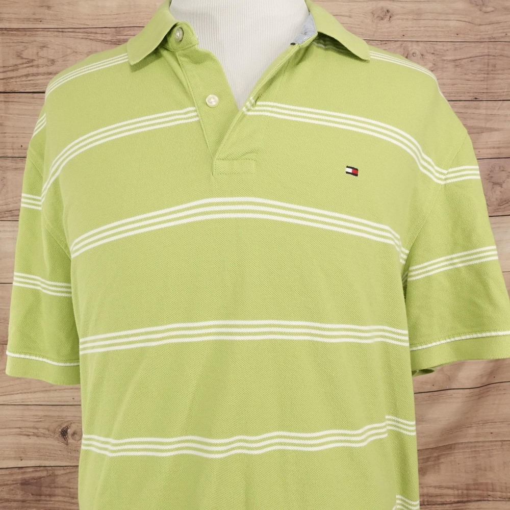Tommy Hilfiger Polo Shirt Mens 2XL Green 100% Cotton Striped Knit Short Sleeve